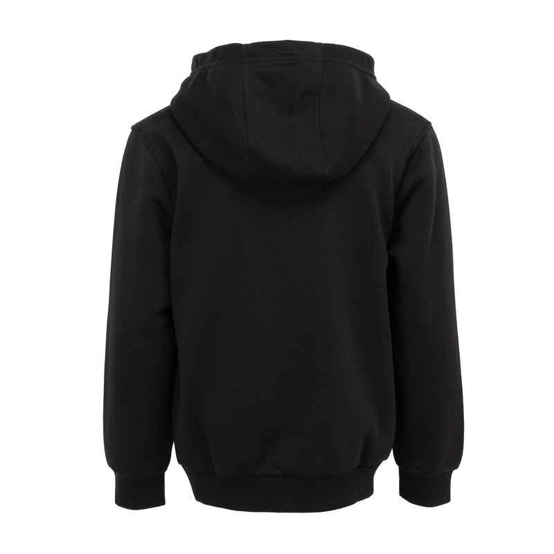 Youth black pullover hoodie with attached hood and full back view; no logo visible