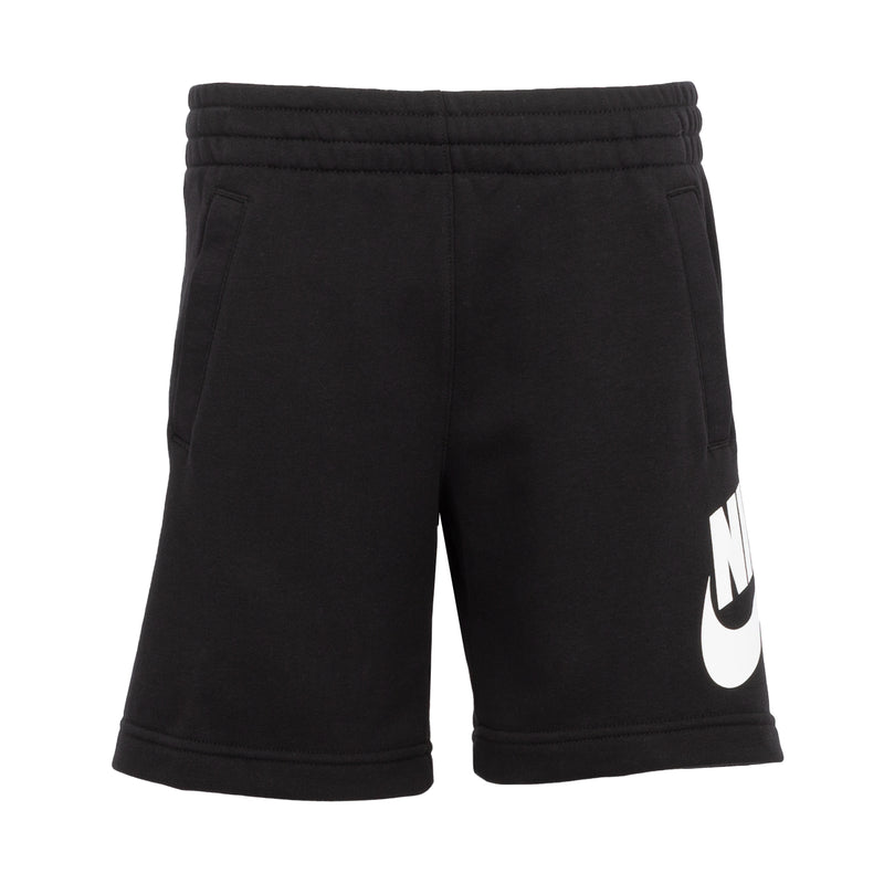Youth black shorts with white Nike swoosh, elastic waistband, side pockets