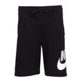 Youth black Nike shorts with drawstring and white swoosh logo on leg