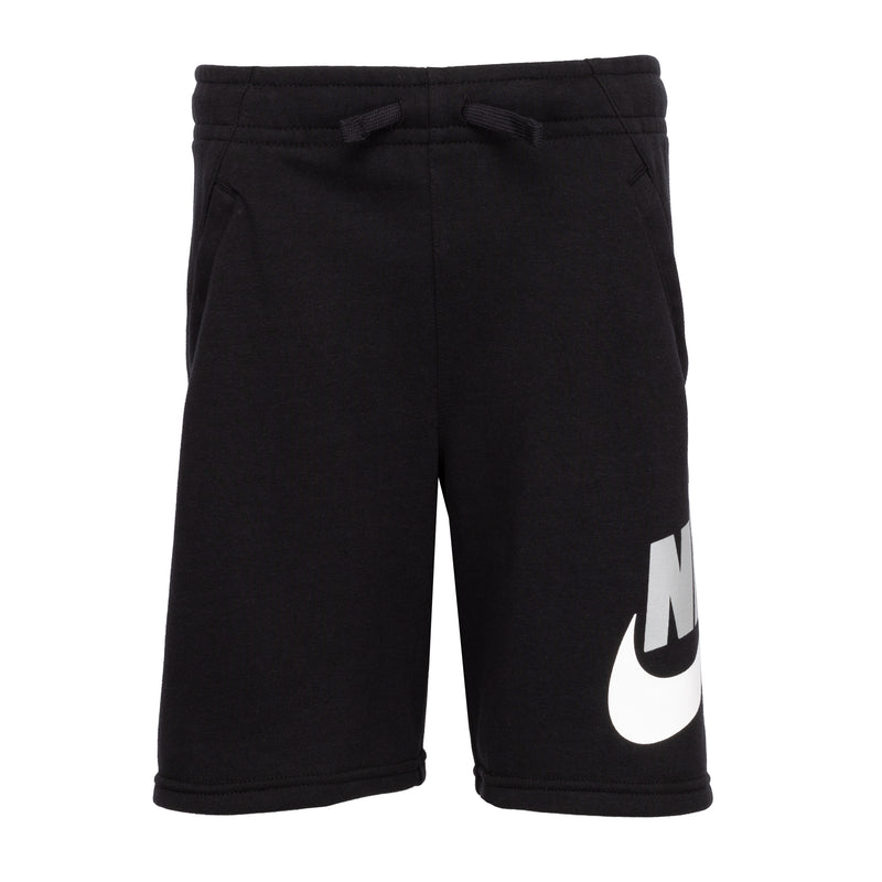 Youth black Nike shorts with drawstring and white swoosh logo on leg