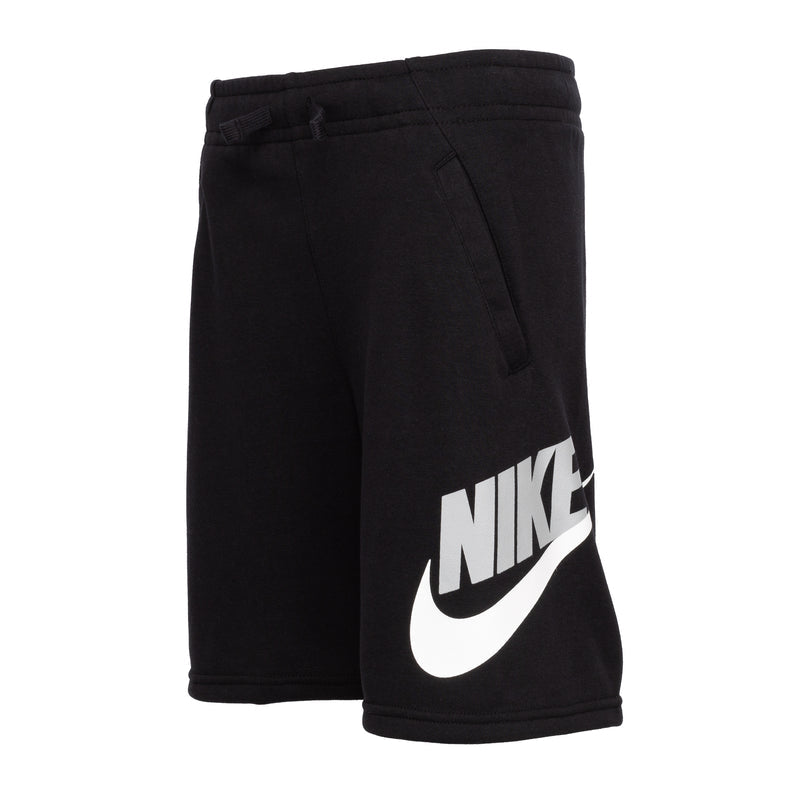 Youth black Nike shorts, side view with large white swoosh on leg
