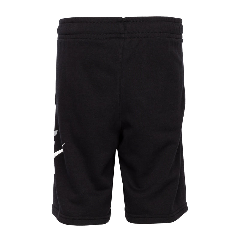 Youth black Nike shorts from back with white swoosh print on left leg