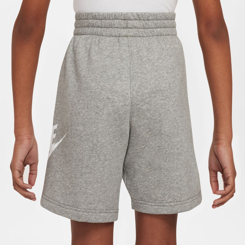 Youth heather gray shorts with elastic waistband and white Nike logo on left hem
