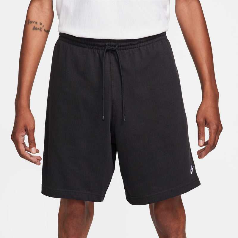 Men's black athletic shorts with elastic waistband, drawstring, and side logo