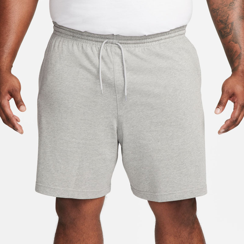 Men's heather grey knit shorts with drawstring, elastic waist, Nike logo on leg