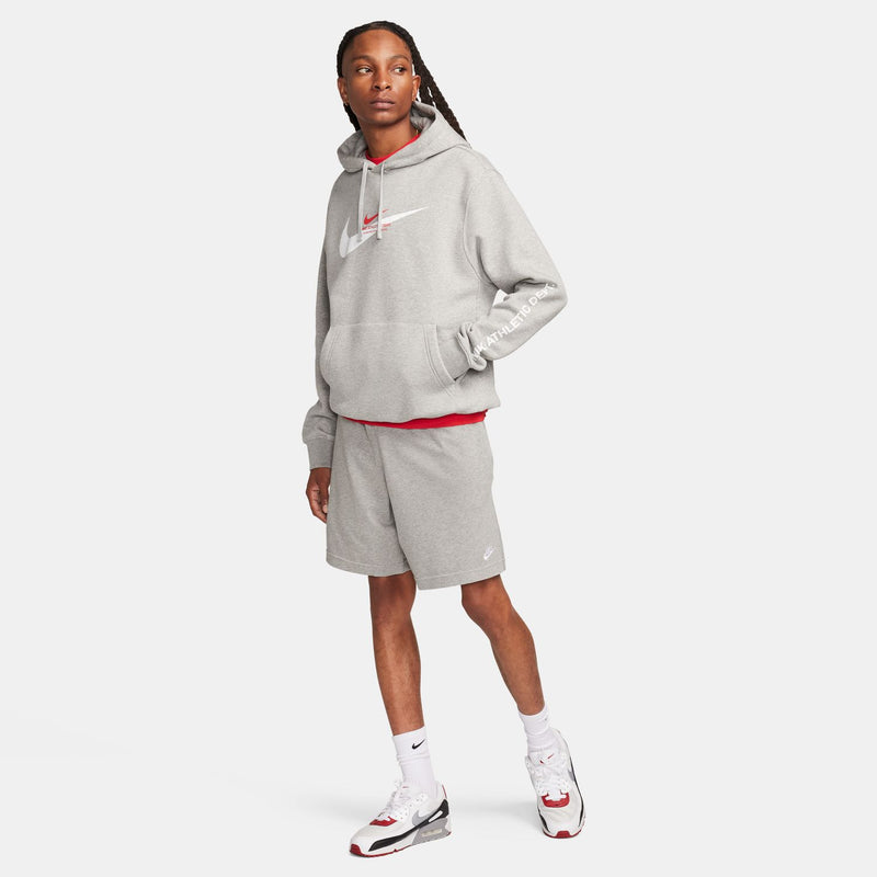 Men's heather grey knit shorts with drawstring waist and Nike logo, knee-length