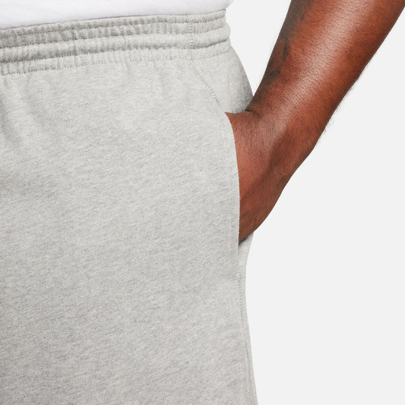 Heather grey knit shorts with ribbed waistband and drawstring, side seam detail