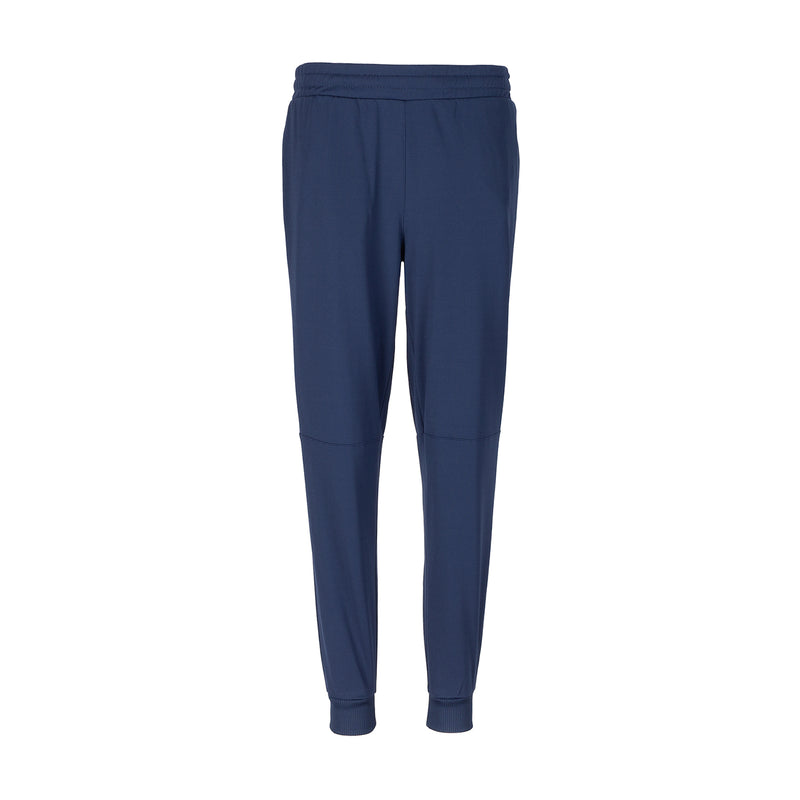 Youth navy jogger pants with ribbed cuffs and elastic waistband, slim tapered legs.