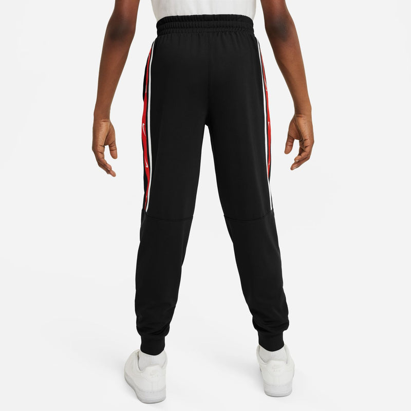 Youth black jogger pants front view with red-and-white side stripe panels
