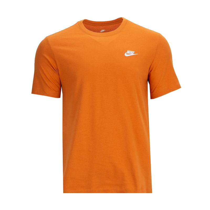 Men's orange crewneck T-shirt with small Nike logo on left chest.