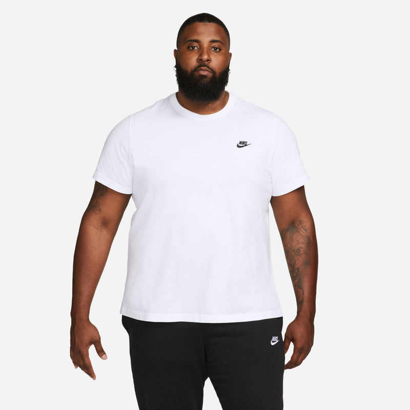 Men's white crew-neck T-shirt worn by model, Nike logo on upper chest