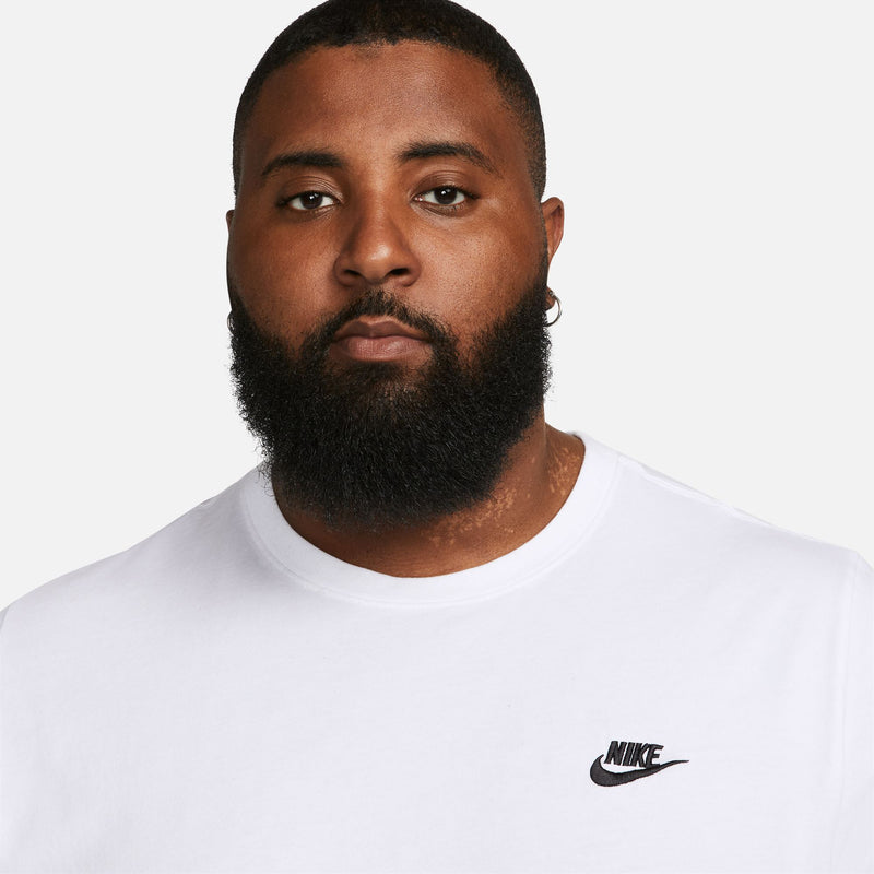 Men's white crew-neck T-shirt close-up, Nike logo on chest