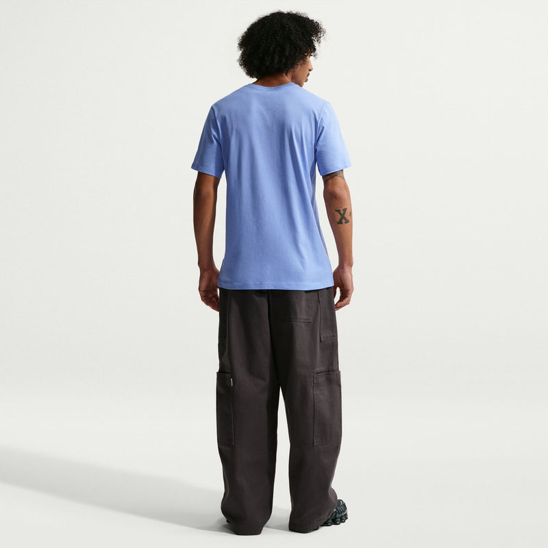 Men's light-blue crewneck tee, back view; short sleeves