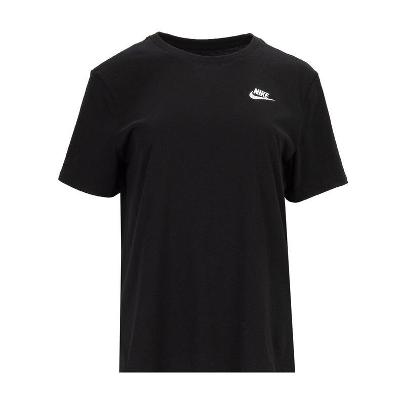 Black women’s crewneck tee with short sleeves and small Nike logo at chest