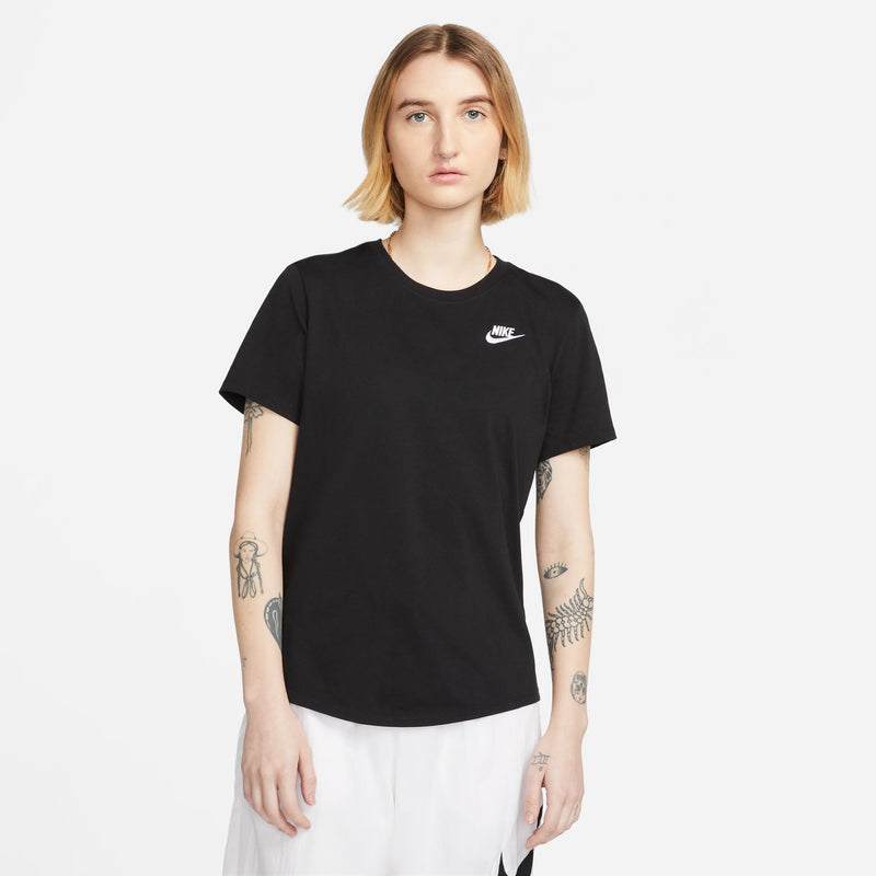 Black short-sleeve crewneck tee with white Nike swoosh logo on left chest
