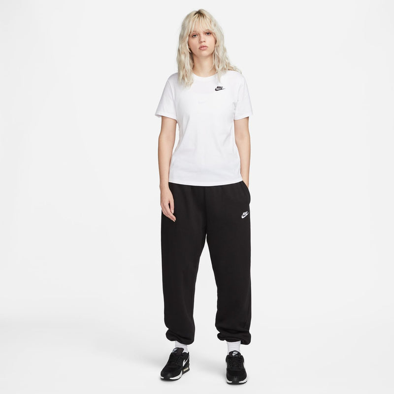 Women's white Nike short-sleeve T-shirt with black logo on chest and black pants