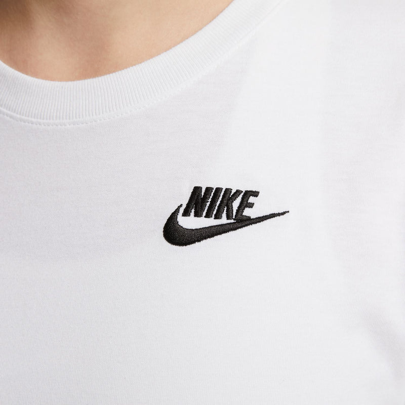 White Nike T-shirt with crew neckline and black Nike logo graphic