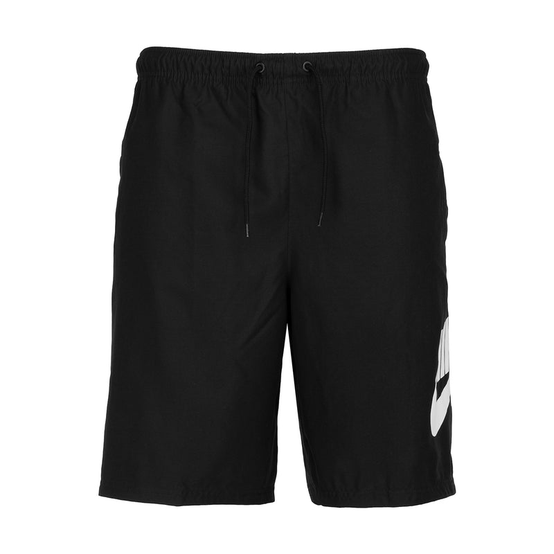 Men's black woven shorts with elastic waistband and front drawstrings