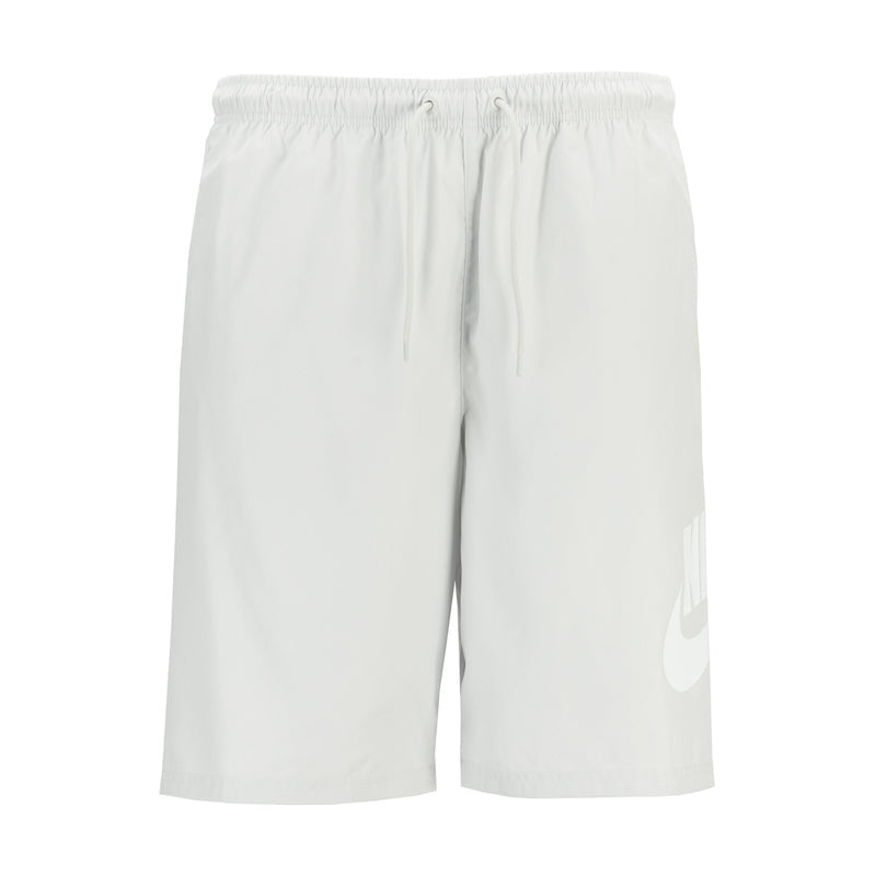 Men's white woven shorts with elastic waist and drawstring