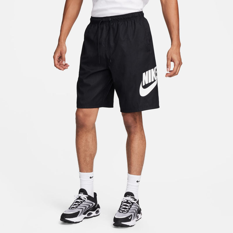 Men's black woven shorts with side Nike swoosh logo and elastic waistband