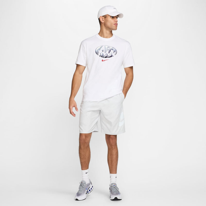 Men's white woven athletic shorts with elastic waist and drawstring