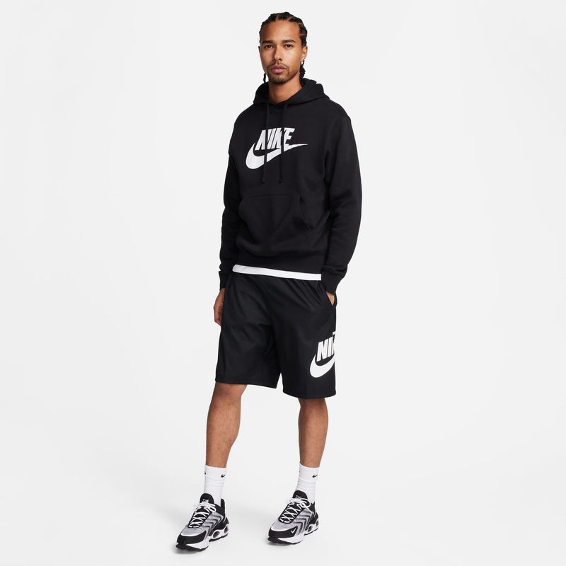Men's black woven shorts with side Nike swoosh logo, elastic waistband
