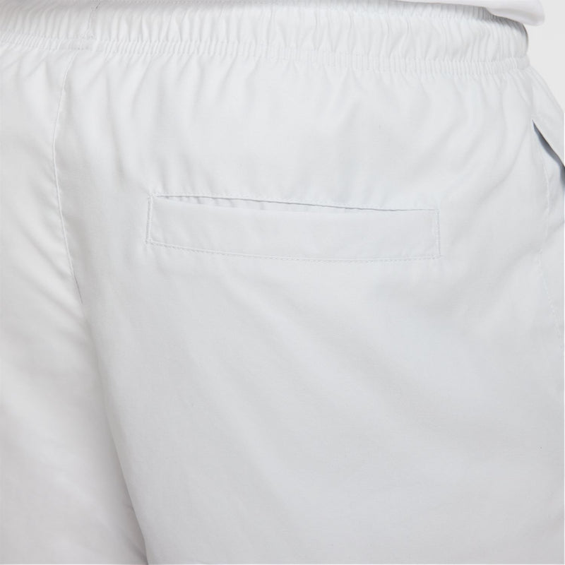 Men's white woven shorts with elastic waistband and back welt pocket
