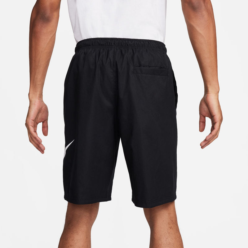 Men's black woven shorts back view with elastic waistband and drawstring cords