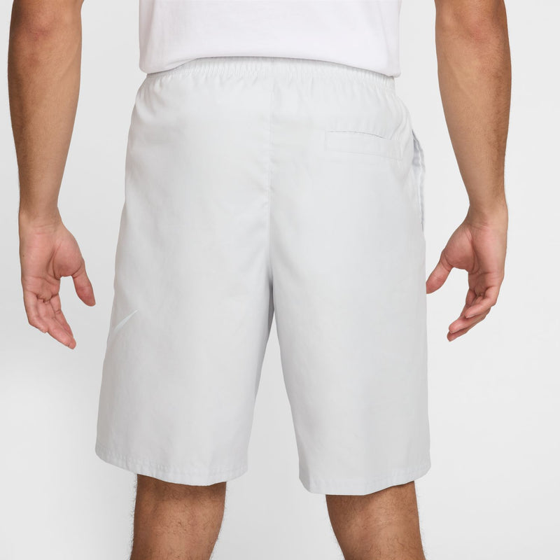 Men's white woven shorts, back view with elastic waist and drawstring ties