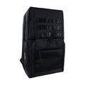 Black backpack with front patch panels and top logo badge