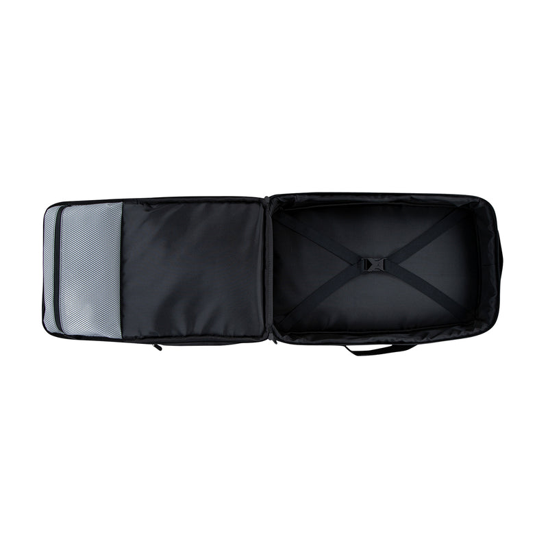 Black backpack opened flat, showing two inner compartments with cross webbing