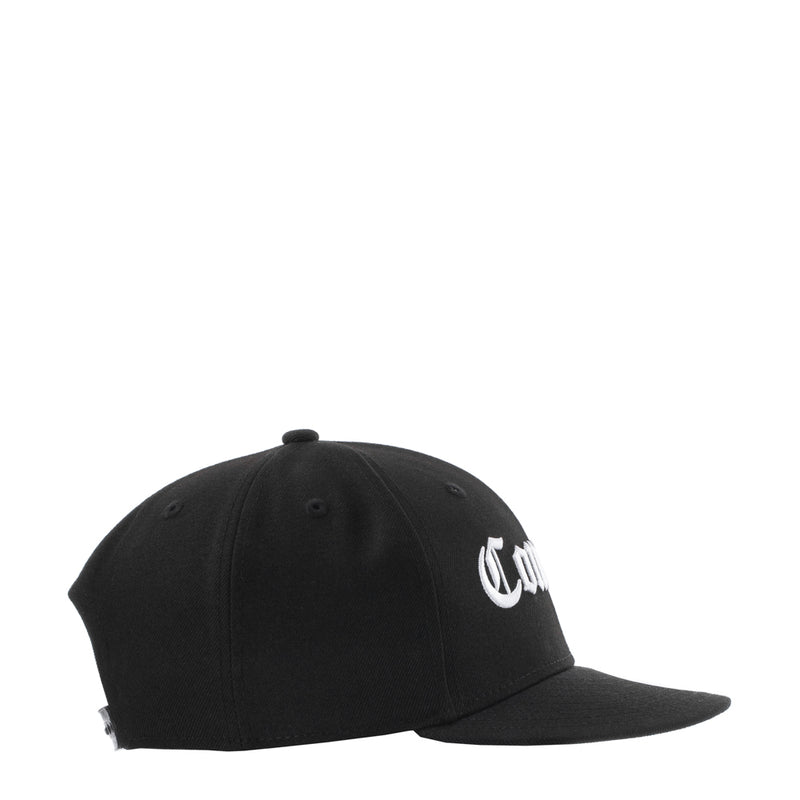 Black baseball cap with small white side logo and curved brim, low-profile fit