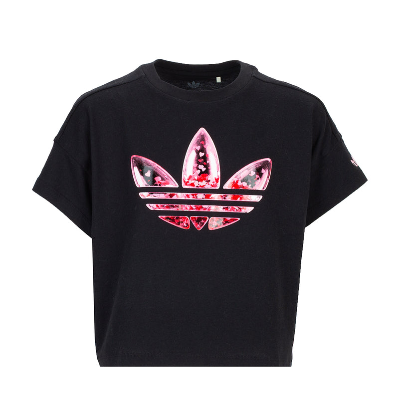Youth black graphic trefoil confetti T-shirt with crew neck and short sleeves