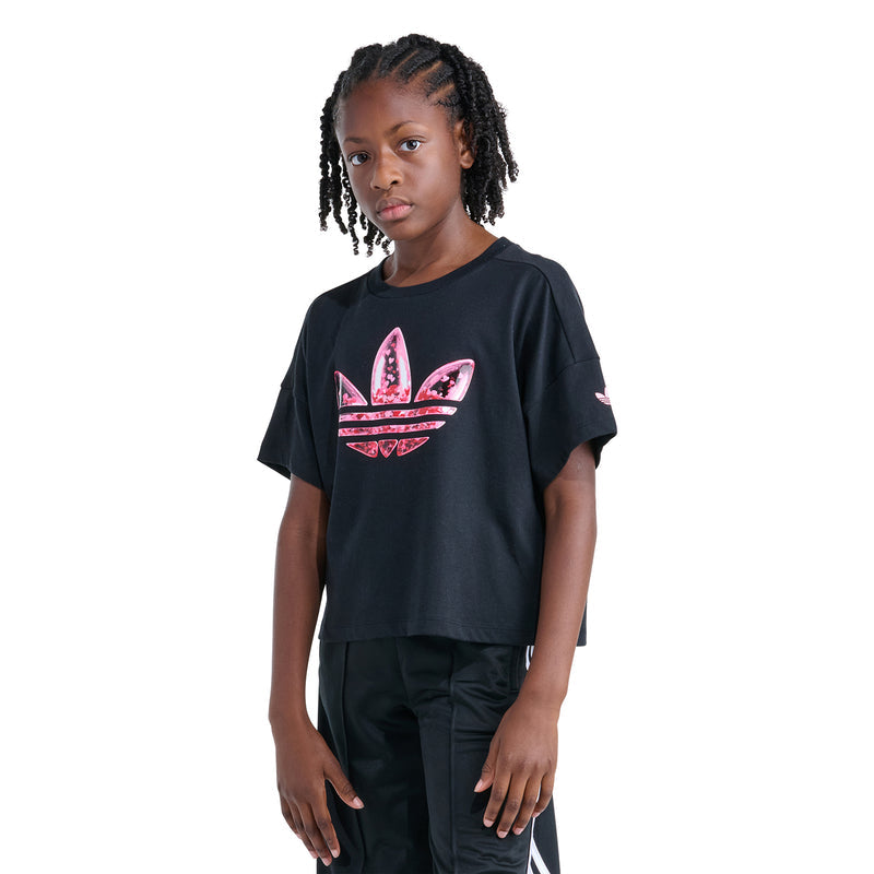 Youth black short-sleeve T-shirt with pink confetti trefoil chest graphic