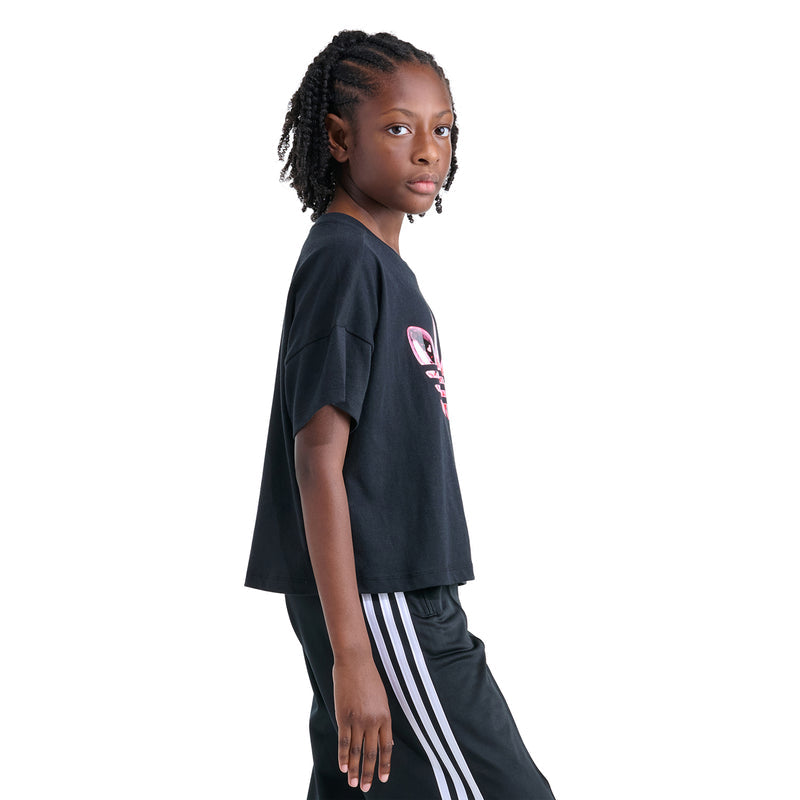 Youth black T-shirt side view with small sleeve trefoil graphic and pink confetti logo