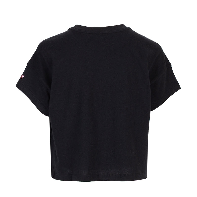 Youth black crewneck T-shirt back view, plain with short sleeves