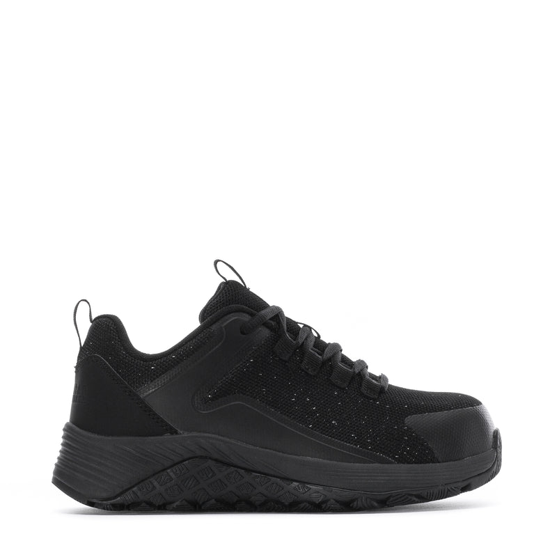 Women’s black lace-up composite-toe work sneaker with textured upper and rugged sole