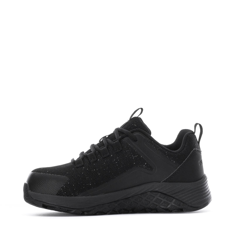 Women’s black lace-up composite-toe work sneaker, side profile with cushioned sole