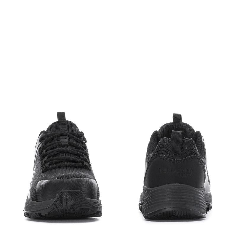 Women’s black composite-toe work sneaker shown from heel and toe angles, lace-up