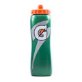 Green 32oz sports water bottle with orange flip-top cap and printed lightning logo