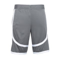 Gray shorts with white contrast tape along lower hem and elastic waist