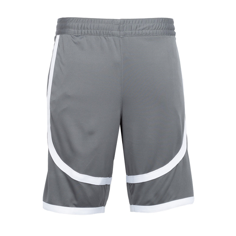 Gray shorts with white contrast tape along lower hem and elastic waist