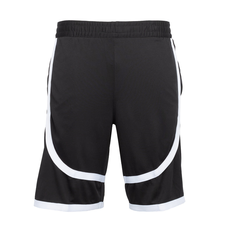 Men's contrast tape shorts in dark fabric with white piping at sides and hem