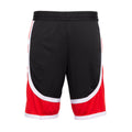 Men's contrast-tape shorts back view, black with red hem panels and white trim