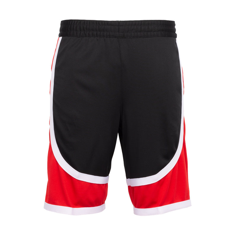Men's contrast-tape shorts back view, black with red hem panels and white trim