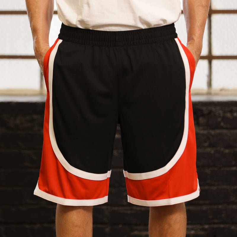 Men's contrast-tape shorts, black with red side panels and white curved trim, elastic waist