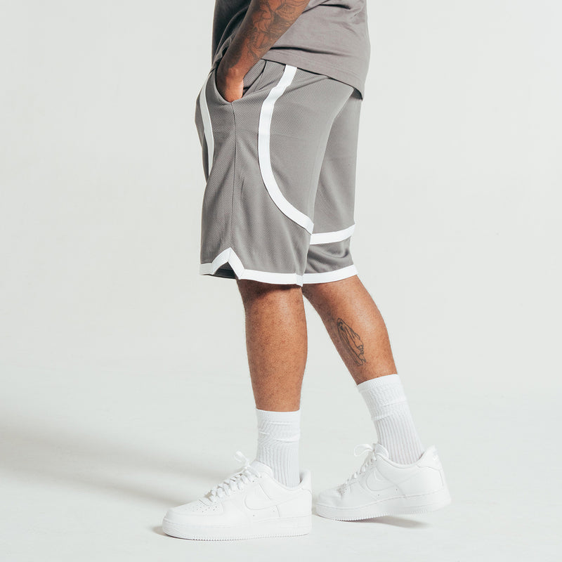Gray shorts with side white contrast tape panel and elastic waistband