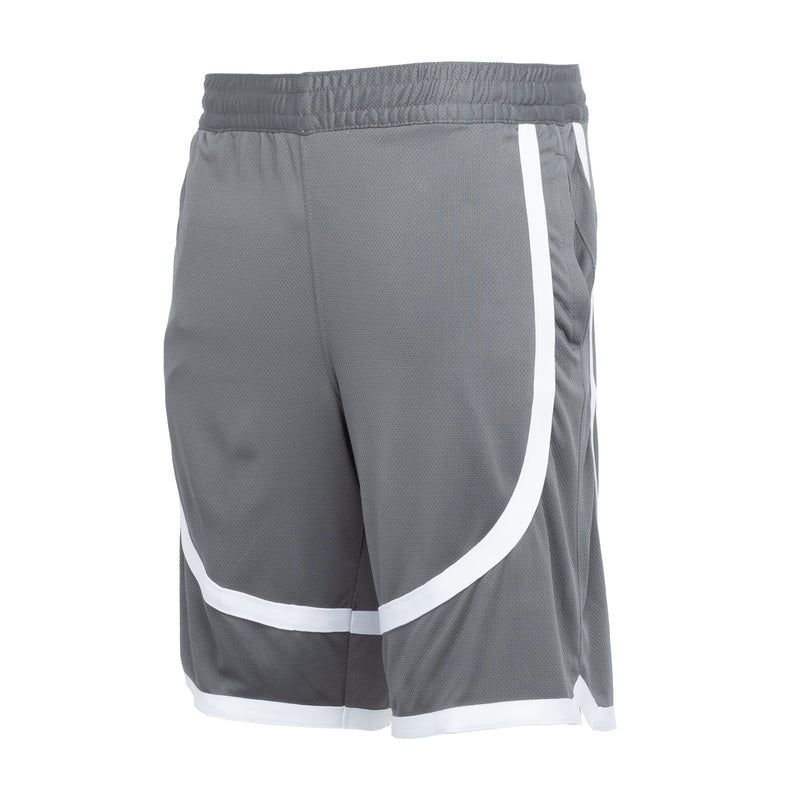 Gray athletic shorts with white contrast tape stripe and elastic waist