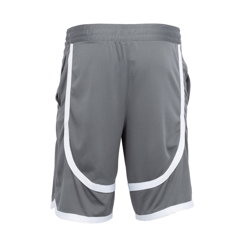 Gray men's shorts, back view, with white contrast tape along hem and elastic waist