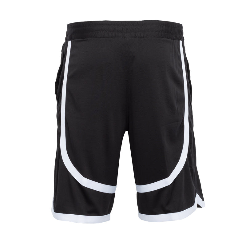 Men's contrast tape shorts back view: dark fabric with white tape along the hem